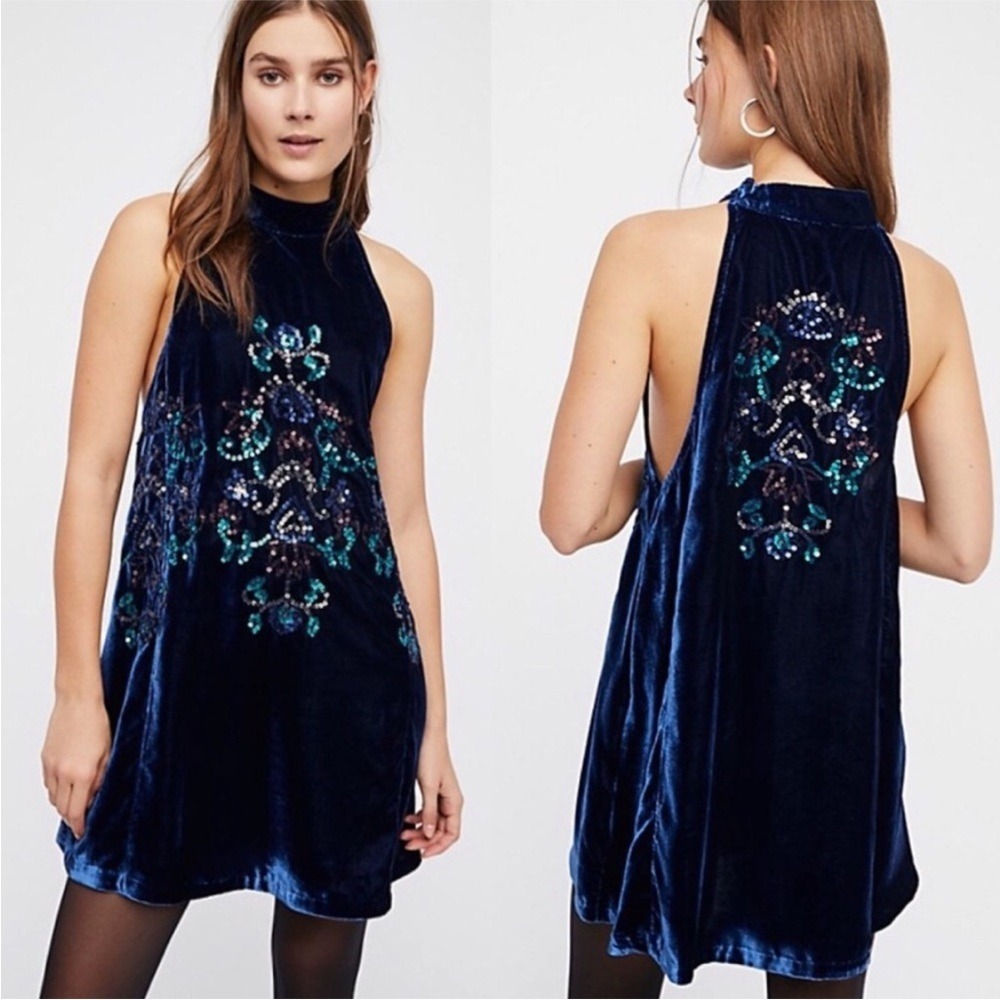 Free People Blue Velvet Sequin Boho Mock Neck Mini Dress Size S Whinsigoth - Picture 5 of 13